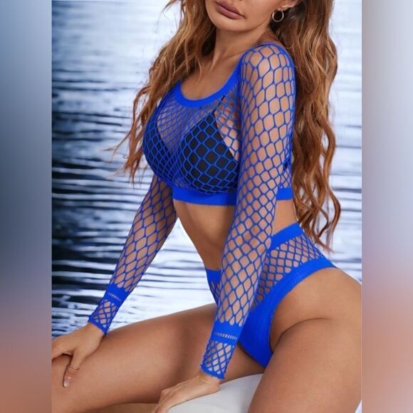 2 piece l Royal Blue l Long-Sleeve top l  High-Rise Thong Bottom l Cover-up New - Picture 1 of 7